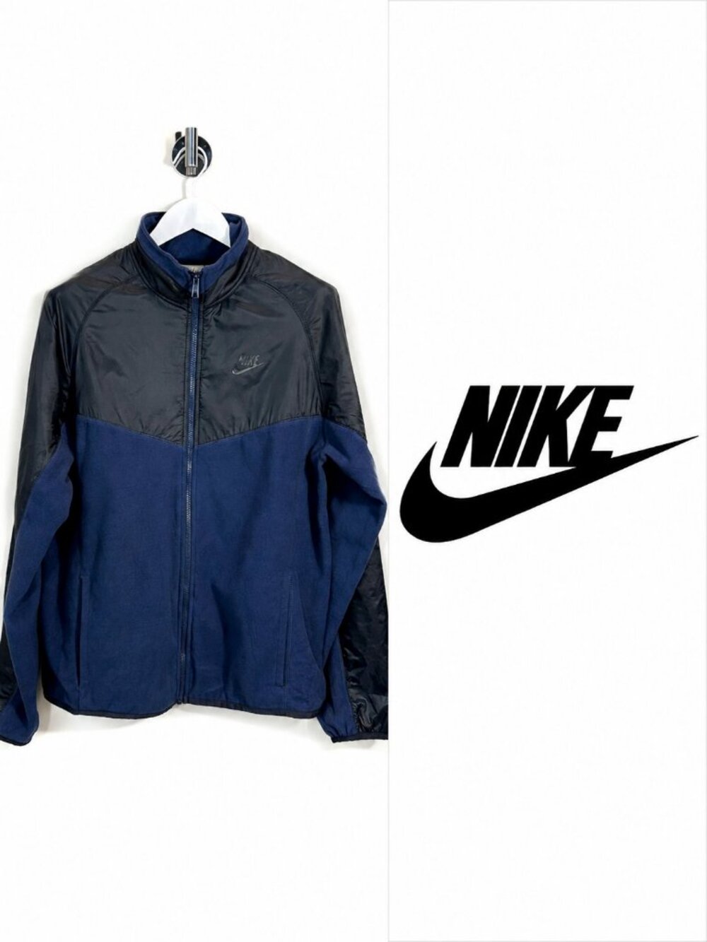 Nike Sportswear Men’s Large Navy Black Full Zip Fleece Hybrid Jacket Windbreaker